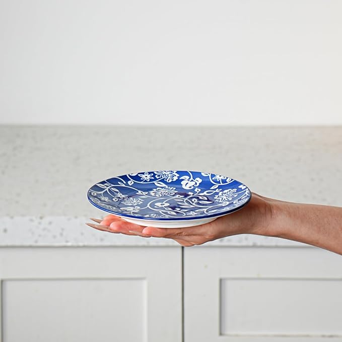 Ceramic Dessert Plates Set - 6 Inch Mini Appetizer Plates for Kitchen - Small Salad Plate for Snacks Side Dish Cake, Gift, Microwave Dishwasher Safe, Vintage Blue