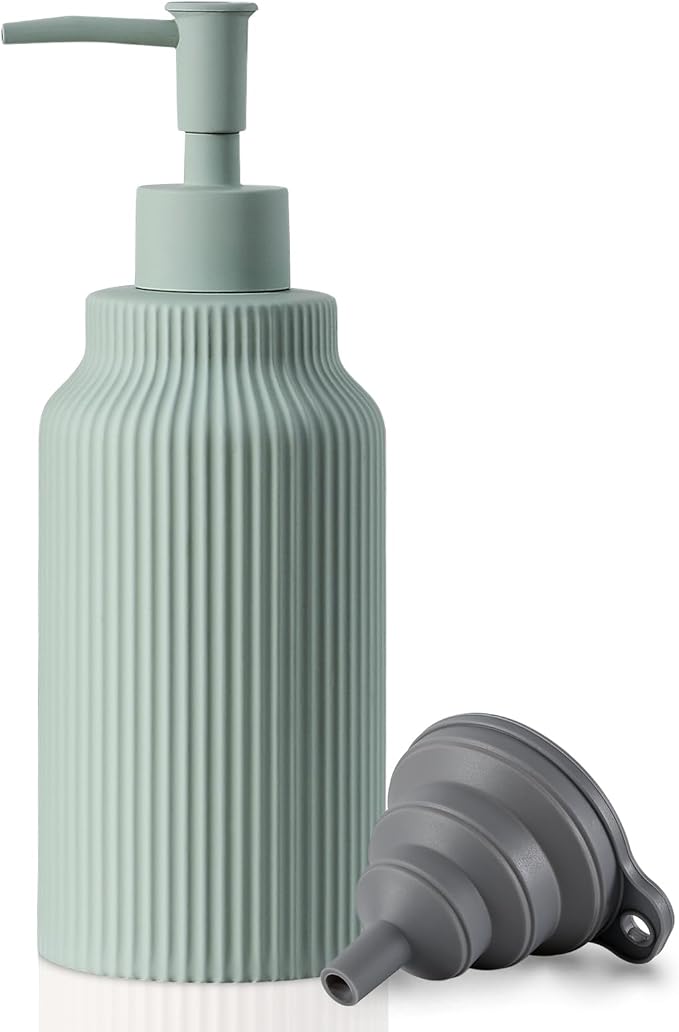 Modern Ceramic Soap Dispenser for Bathroom，14oz Ceramic Soft Touch Hand Lotion Dispenser with Pump，Liquid soap Dispenser for Kitchen (Green)