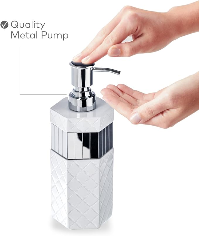 Creative Scents Quilted Mirror White Hand Soap Dispenser for Bathroom - Decorative Lotion Dispenser with Durable Metal Pump, Resin Countertop Shower Dispensers for Elegant Bathroom Decor