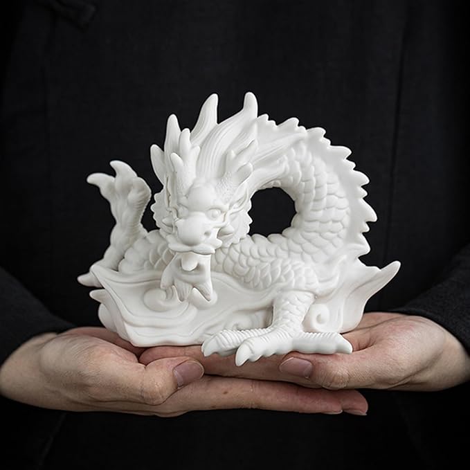 SWLOM Garden Decor Chinese Feng Shui White Dragon Figurine, Asian Patio Decor, Ceramic Oriental Dragon Sculpture Tabletop Ornaments