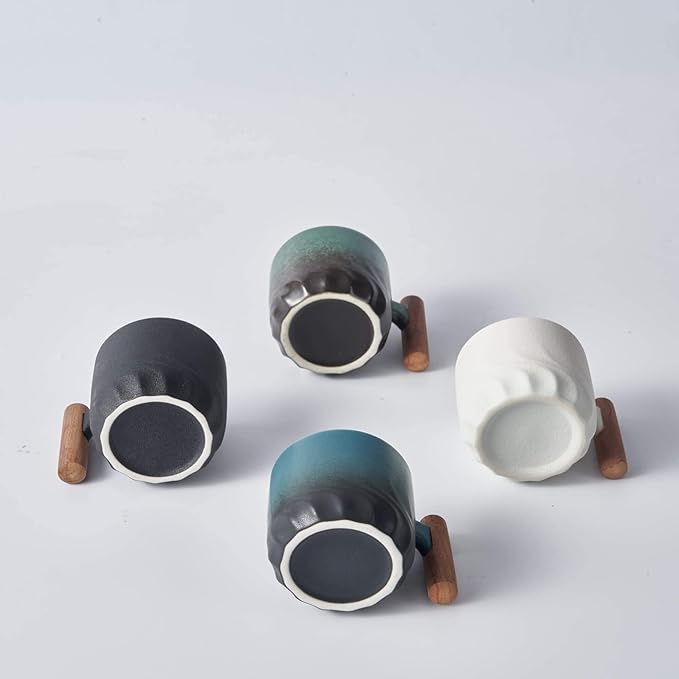 Ceramic Espresso Cups with Wooden Handle Espresso Shot Cups Ceramic Tea Cups Porcelain Demitasse Cups for Coffee or Tea, 2oz (Black-Blue-Green, 6)