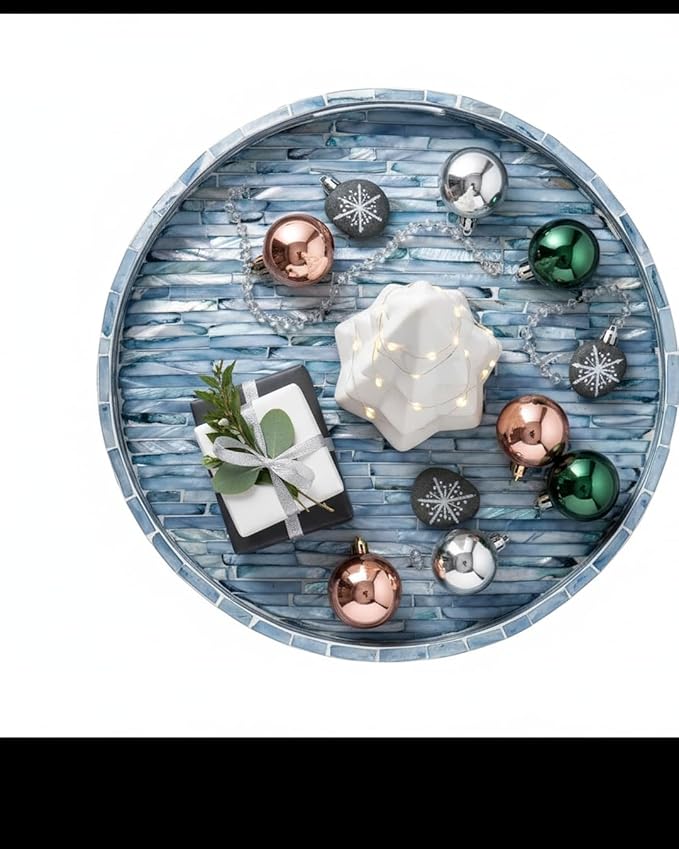 PEMAR 12.6” Mother of Pearls Lacquer Inlaid Round Serving Tray with Handles, Round Decorative Nacred Wooden Ottoman Coffee Table Tray (Blue Tiles)