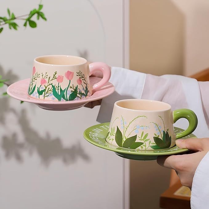Cute Ceramic Coffee Mug and Saucer Set for Women, Spring Floral Embossed Design, 9.5oz/280ml, Perfect for Home, Office & Holiday Gifts (White Purple Orchid)