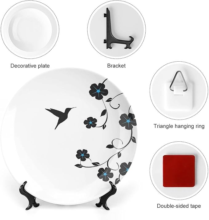 XISUNYA 10 Inch Decorative Plate, Hummingbirds Tableware Plate, Floral Art with Hummingbird Springtime Print Ornament Display Plate Handmade Plate Wedding Christmas Thankgiving Gifts
