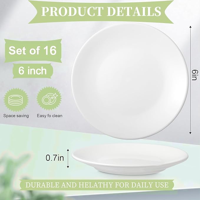 Ceramic Dessert Plates Set of 16, 6 Inch White Appetizer Plates, Round Small Plate for Cake Snacks, Porcelain Serving Plate for Appetizers, Microwave Oven and Dishwasher Safe (16 Pcs)