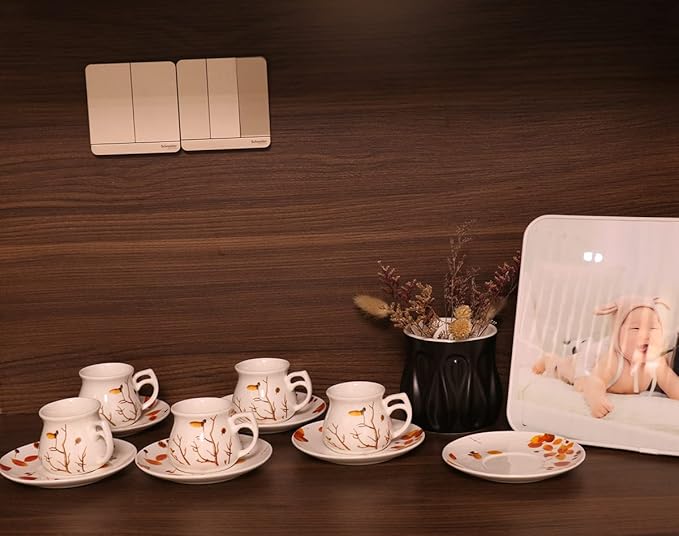 GuangYang 2.5 oz Espresso Cups and Saucers set of 6,Fall Design (Cute Shape for Double Espresso Shots, Ristretto, Macchiato,Café Cubano, and Turkish Coffee)