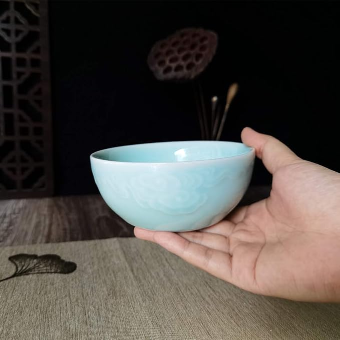 Chinese Rice Bowls 10-Ounce 4.5 inch Celadon Glazed Cereal Bowl Embossed with Auspicious Clouds Porcelain(Set of 4) (Sky Blue)