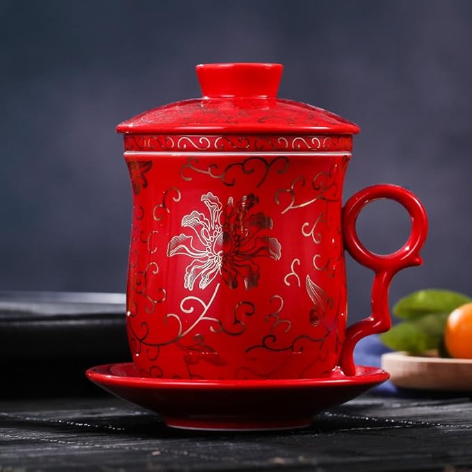 Porcelain Tea Cup with Infuser Lid and Saucer Sets - Chinese Jingdezhen Ceramics Coffee Mug Teacup Loose Leaf Tea Brewing System for Home Office