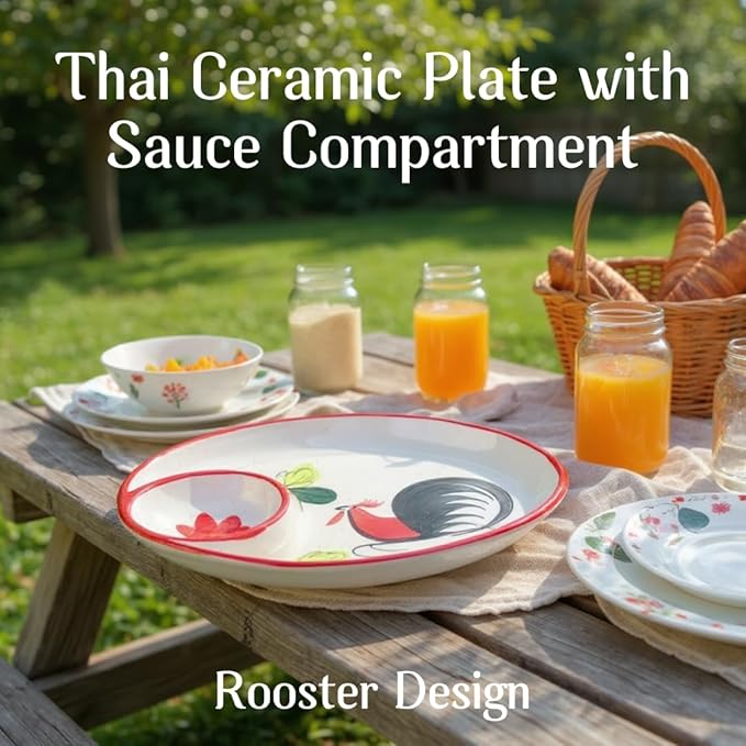 Thai Ceramic Chicken Plate with Sauce Well – 9x6 inch Traditional Rooster Pattern Serving Dish for Snacks, Dips, Sushi, or Appetizers