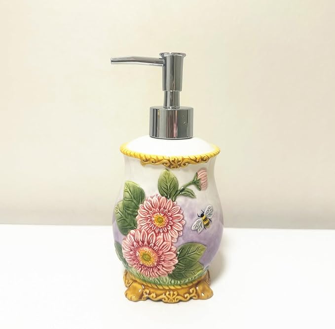 Ceramic Sunflower Bathroom Accessories Set, 4 Piece Bathroom Ensemble Set with Toothbrush Holder, Toothbrush Cup, Soap Dispenser, Soap Dish (Pink)