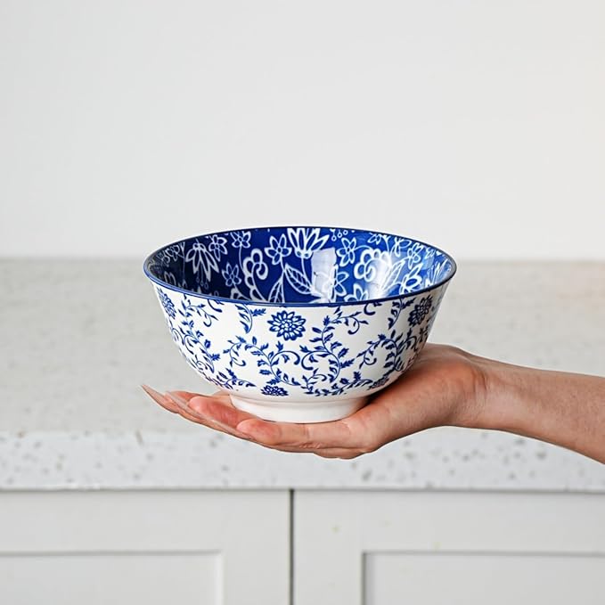 Ceramic Soup Bowls Set - 24 Oz Porcelain Deep Cereal Bowl - 6 Inch Large Dinner Bowl Kitchen Eating Pasta Salad Rice Oatmeal Noodle Snack - Microwave Dishwasher Safe - Set of 6 - Vintage Blue