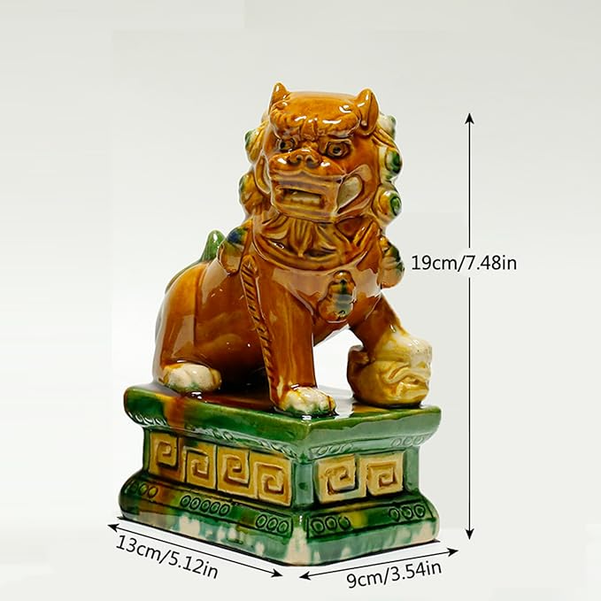 Handcrafted Ceramic Feng Shui Foo Dog Statues Pair Asian Guardian Lions for Office, Home, Housewarming, and Store Opening Gifts Traditional Chinese Decor,Dark Green,5.12 * 7.48in