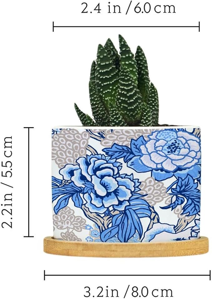 DreamAutumn Blue and White Chinoiserie Floral Planter Ceramic Round Plant Pots with Drainage Holes and Bamboo Tray Planting Small Flower Pots for Home Windowsill Desk Garden Indoor Outdoor Use