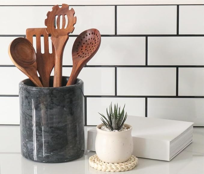 HillSpring Black Marble Kitchen Utensil Holder, Weighted Utensils Organizer Crock for Countertop, Wine Chiller Bucket with Protective Padded Base