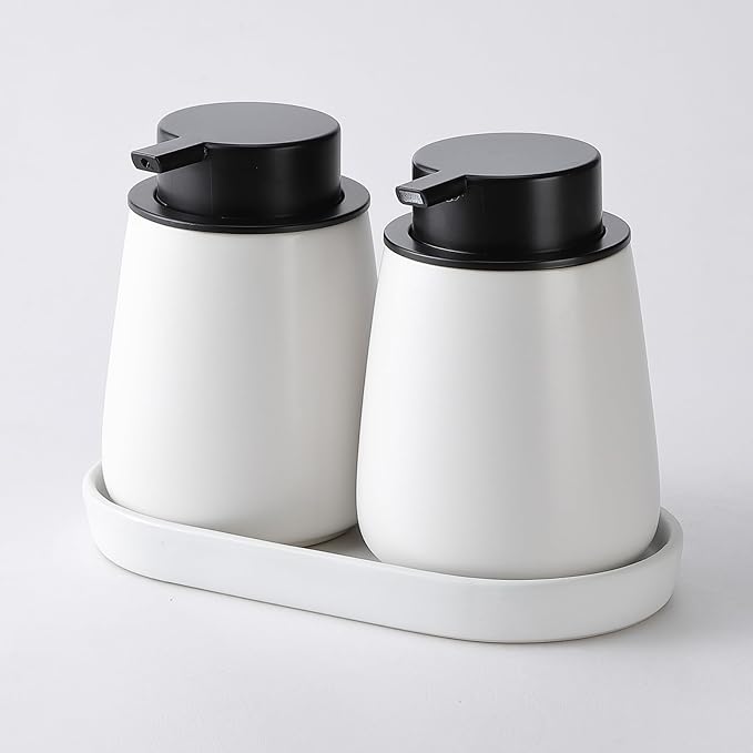 12Oz White Soap Dispenser Set - Ceramic Lotion Hand Soap Dispenser Set with Easy-to-Press Black Pump, Refillable Mordern Liquid Dish Soap Dispensers for Bathroom & Kitchen, 2 Pack