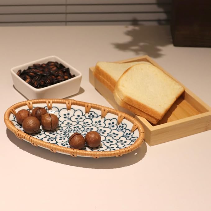 Rattan Ceramic Tray, Oval Fruit/Bread/Cookie/Jewelry Small Storage Porcelain Serving Plate, Vintage Decorative Display Plate for Coffee Table Home Decor Wedding Party Gift （Cyan Cloud）