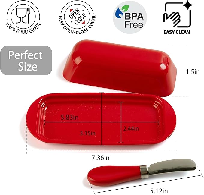 BPA-Free Melamine Butter Dish with Lid & Stainless Steel Knife - Farmhouse Butter Keeper for Countertop & Refrigerator, Dishwasher Safe, Holds 1 Stick with East & West Coast Butter-Red
