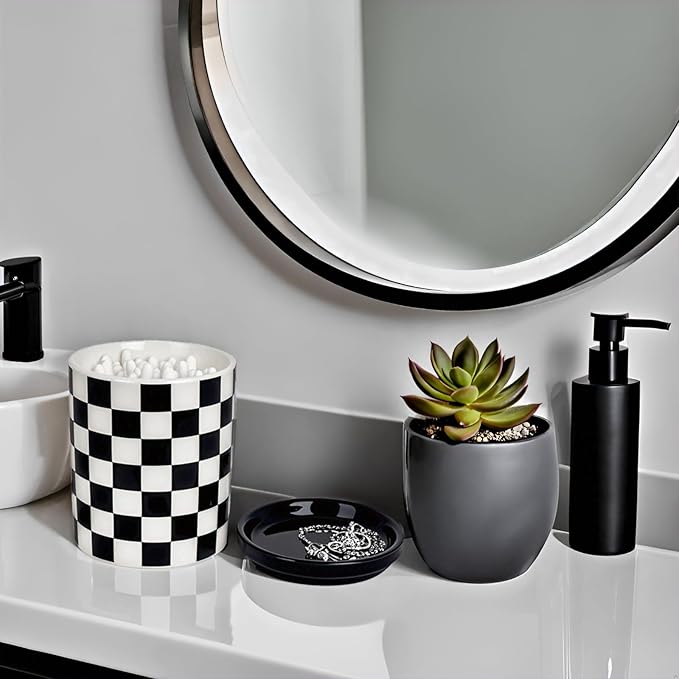 Q tip Holder, Qtip Dispenser with Lid, Cotton Swab Ball Holder Container for Bathroom, Q-tip Canisters/Apothecary Jar for Countertop Organizer, Modern Checkered Bathrooms Decor,Black and White Ceramic