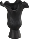 Deco 79 Ceramic Abstract Floral Inspired Vase with Wavy Folded Rim and Linear Grooves, 8" x 7" x 11", Black