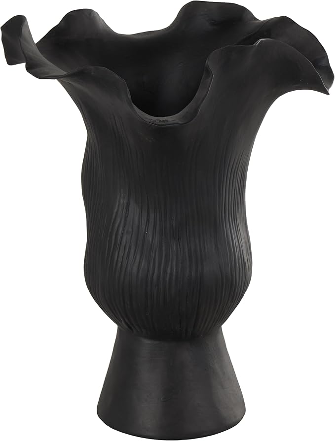 Deco 79 Ceramic Abstract Floral Inspired Vase with Wavy Folded Rim and Linear Grooves, 8" x 7" x 11", Black