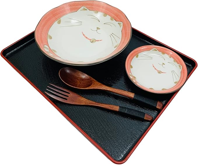 JapanBargain, Set of 2 Japanese Soup Bowls Shallow Porcelain Bowl for Curry Rice Cereal Poke Salad and Dessert, Maneki Neko Smiling Cat Pattern, Made in Japan, 8.5 inch, Pink Color