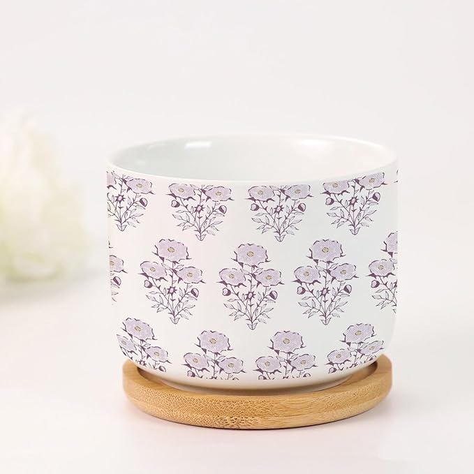Set of 5 Watercolor Chinoiserie Floral Small Ceramics Pots for Plants Light Purple Flower Ceramics Plant Pot with Drainage and Bamboo Tray Chinoiserie Style Cactus Planter for Indoor