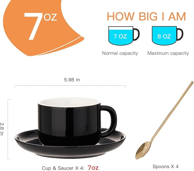 8oz Cappuccino Cups Set of 4, Ceramic Coffee Cups and Saucers Set with Spoons, Black Durable Coffee Cups for Cappuccino Espresso Latte Mocha Au Lait Macchiato Cafe