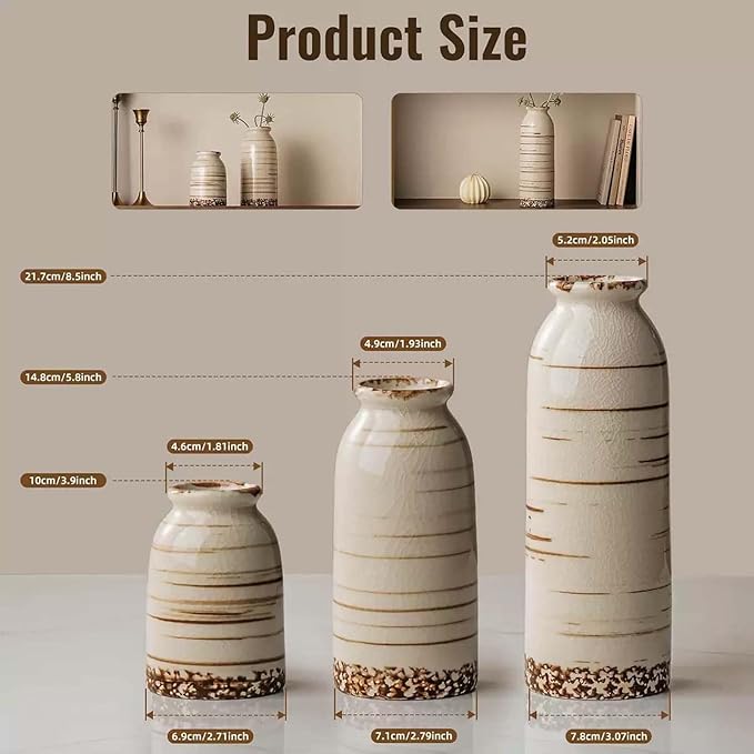 Rustic Ceramic Vase Set of 3 - Beige Rustic Vases for Flowers,Farmhouse Flower Vases for Home Decor,Small Decorative Vase Set for Living Room,Table Shelf,Centerpieces and Fireplace Decorations