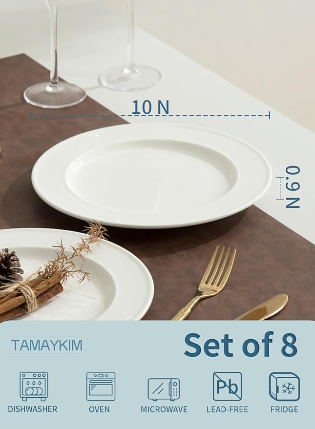 TAMAYKIM 10 Inch Porcelain Salad Dinner Plates 8 Pieces, Wide Rim Round Pasta Plates, Large Serving Dinnerware Sets, Scratch Resistant, Microwave, Oven, and Dishwasher Safe, White