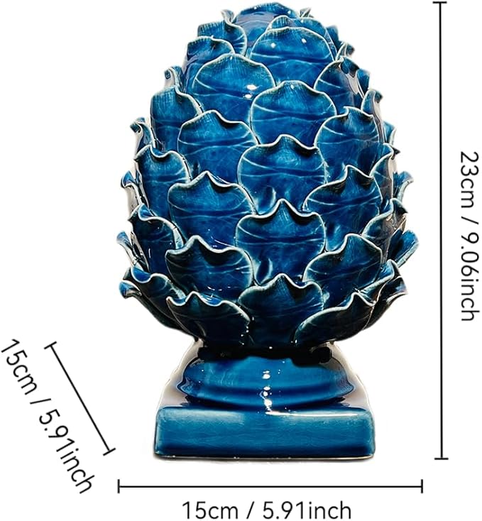 Blue Ceramic Artichoke Statue - Unique Artisanal Decorative Sculpture, Decor for Living Room, Office, Bookshelf