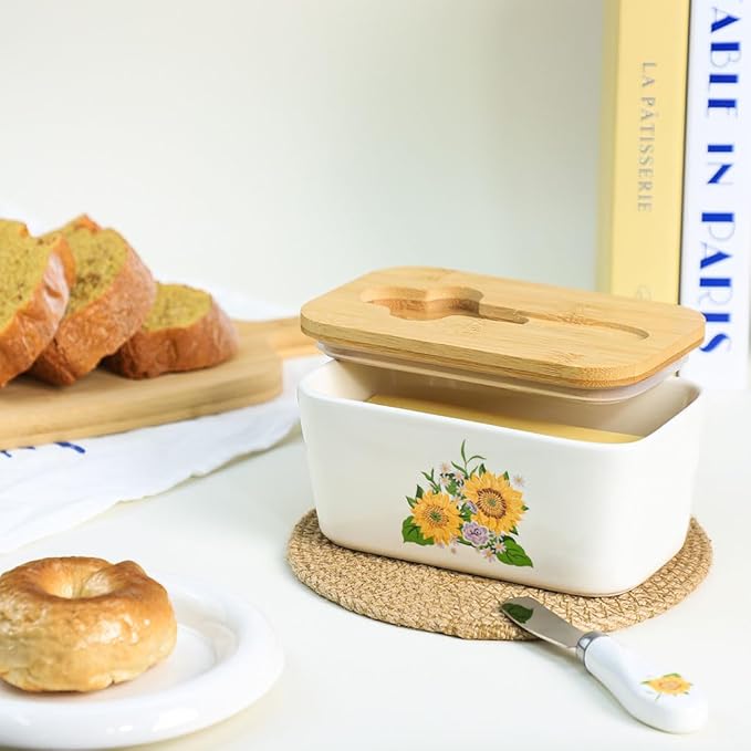 WAIT FLY Flower Ceramic Butter Dish with Bamboo Lid and Knife, 2 Sticks Butter Dish Butter Container Keeper for Kitchen Countertop, Home Decorative-Sunflower