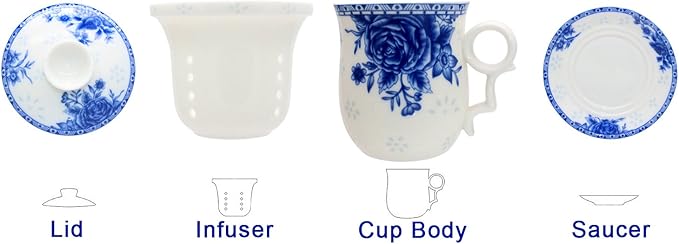 Porcelain Tea Cup with Infuser Lid and Saucer Sets - Chinese Jingdezhen Ceramics Coffee Mug Teacup Loose Leaf Tea Brewing System for Home Office