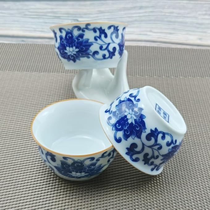 Chinese Handmade Kungfu Tea Cup 60 ml,Bone China Blue and White Tea Cups Set of 12,Ceramic Tea Mugs Without Handles,Best Gift（Lotus）