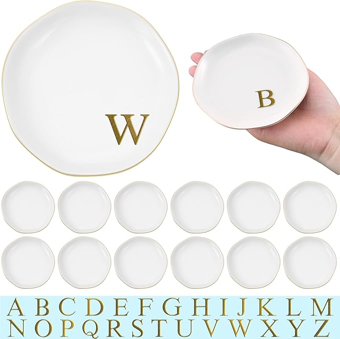 Shappy 12 Pcs Initial Ceramic Jewelry Tray with 26pcs Gold Copper Personalized Monogram, 4.5 Inch Decorative Trinket Dish Plate Bulk for Ring Earring Necklace for Women Wedding Birthday Gift(Round)