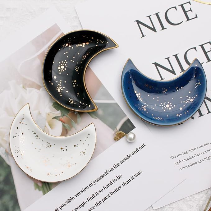 Soddeph Small Moon Ceramic Jewelry Tray, Decorative Trinket Dish, Ring Holder Plate, Modern Accent Tray for Bathroom, Nightstand, Entryway Table, Vanity (2, Blue)