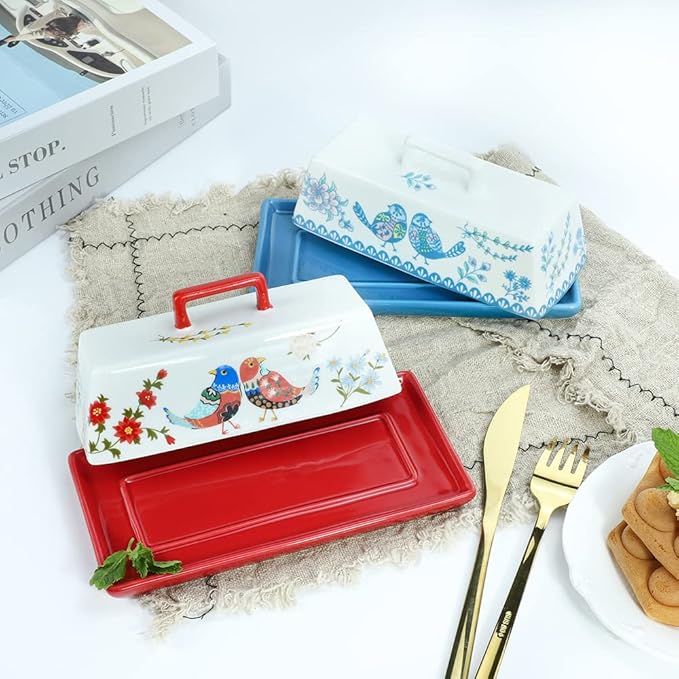Sizikato Porcelain Butter Dish with Lid, Blue Flower and Bird Pattern-7.5 Inch