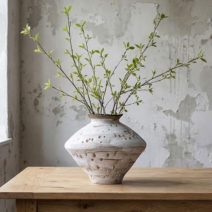 Wabi Sabi Rusty Vintage Vase, 11.4" Tall Wabi Sabi Decor Rustic Farmhouse Pottery Vase for Centerpiece, Textured Pottery Flower Vases for Home Decorative, Table, Living Room (White, Large)