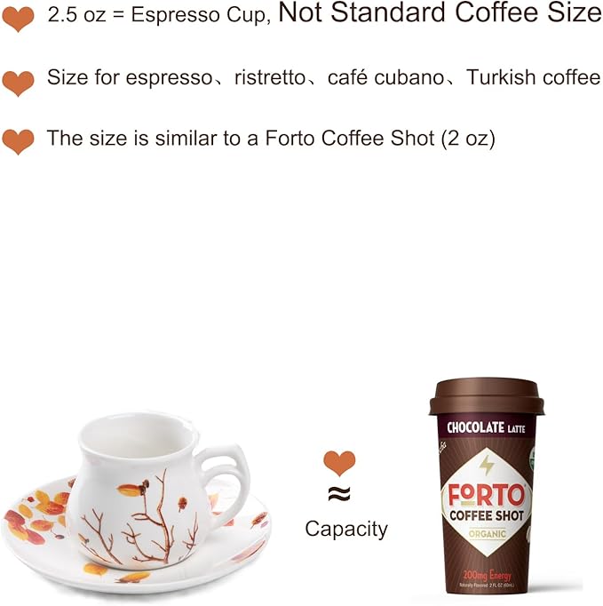 GuangYang 2.5 oz Espresso Cups and Saucers set of 6,Fall Design (Cute Shape for Double Espresso Shots, Ristretto, Macchiato,Café Cubano, and Turkish Coffee)