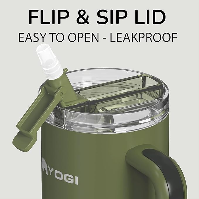 YOGI Ceramic Lined Metal Allergy Safe 30oz Tumbler with Handle and Straw Leakproof Flip & Sip Lid Vacuum Insulated Stainless Steel Travel Cup for Iced Coffee Water and All-Day Hydration 30oz Olive