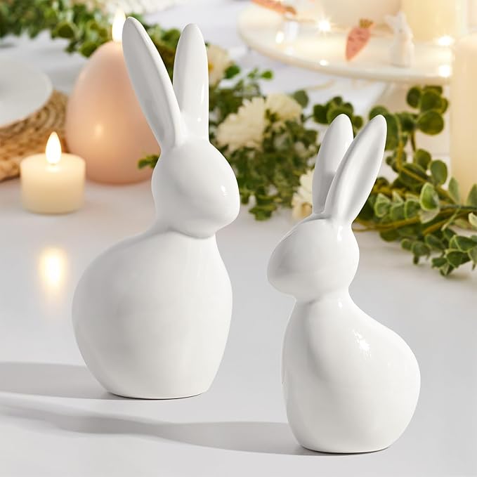 Easter Decorations: Elegant White Ceramic Bunny Figurines Set of 2, Cute Farmhouse Rustic Easter Rabbit Statue Different Size for Spring Easter Holiday Home Office Table Party Decor