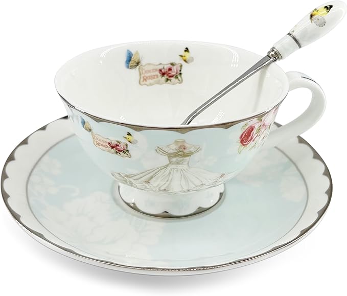 Vintage Ceramic Teacup, Elegant Coffee Cup with Spoon and Saucer Set,Royal Bone China Tea Cups (Wedding)