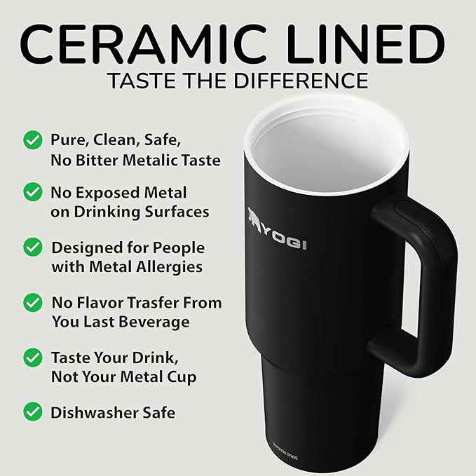YOGI Ceramic Lined Metal Allergy Safe 30oz Tumbler with Handle and Straw Leakproof Flip & Sip Lid Vacuum Insulated Stainless Steel Travel Cup for Iced Coffee Water and All-Day Hydration 30oz Onyx