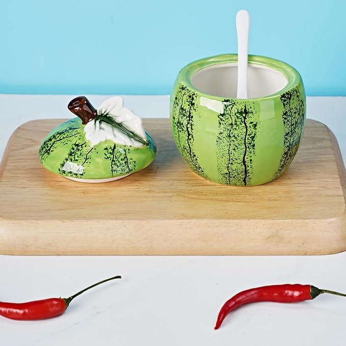 Hand-painted Ceramic Fruit Shape Sugar Bowl Spice Jar Seasoning Pot with Lid Spoon (Watermelon)