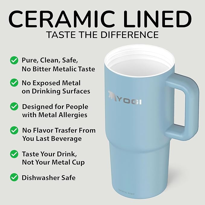 YOGI Ceramic Lined Metal Allergy Safe 24oz Tumbler with Handle and Straw Leakproof Flip & Sip Lid Vacuum Insulated Stainless Steel Travel Cup for Iced Coffee Water and All-Day Hydration 24oz Cielo