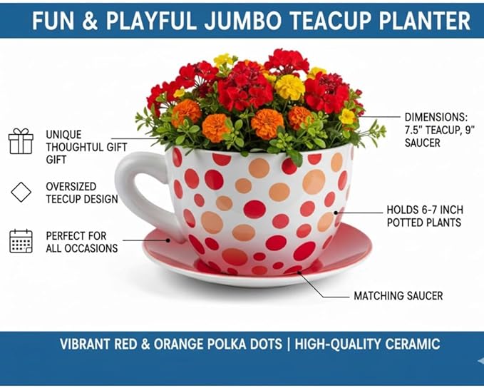 7.5" Round Ceramic Teacup Shape Planter Pot with Saucer for Succulents Orchids Herbs Cactus Indoor Houseplants Flowers for Valentines Day Gift – Orange Polka Dot Planter