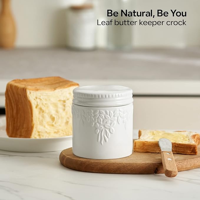 Toptier Butter Crock for Counter With Water Line, On Demand Spreadable Butter, Ceramic Butter Keeper to Leave On Counter, French Butter Dish with Lid (White Leaf)
