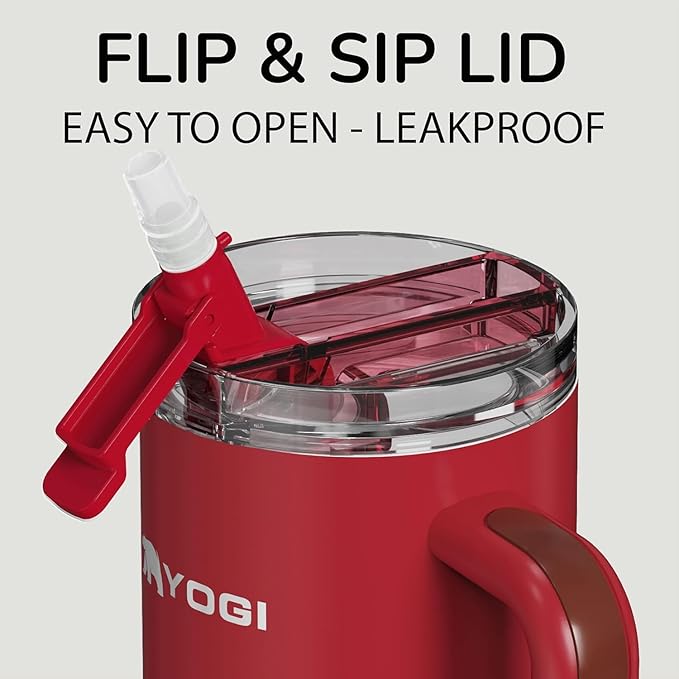 YOGI Ceramic Lined Metal Allergy Safe 40oz Tumbler with Handle and Straw Leakproof Flip & Sip Lid Vacuum Insulated Stainless Steel Travel Cup for Iced Coffee Water and All-Day Hydration 40oz Crimson