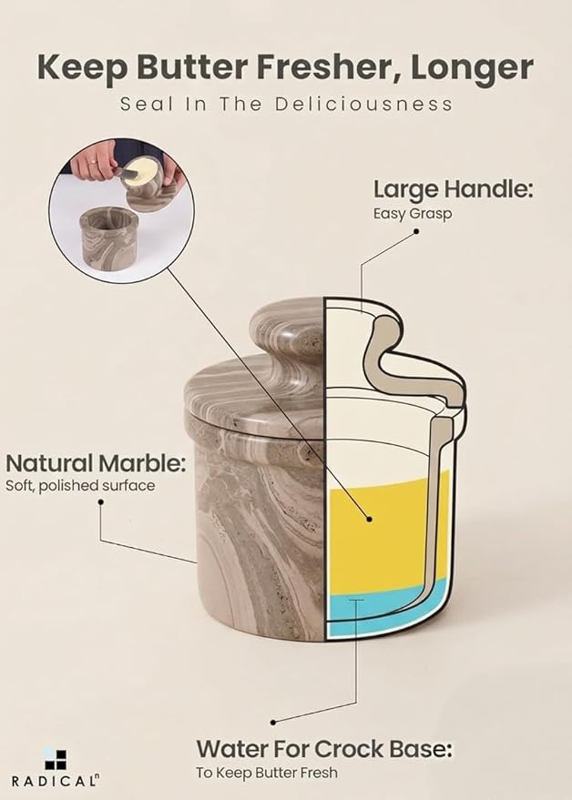 Radicaln Marble Butter Keeper 4.25'' Inches Natural Brown Handmade French Butter Holder For Kitchen Counter Decor Ideal Butter Crock For Counter With Water & Butter Crock For Kitchen