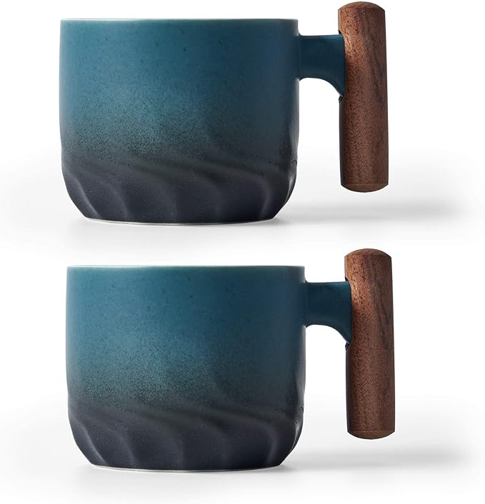 Ceramic Espresso Cups with Wooden Handle Espresso Shot Cups Ceramic Tea Cups Porcelain Demitasse Cups for Coffee or Tea, 2oz (blue, 2)