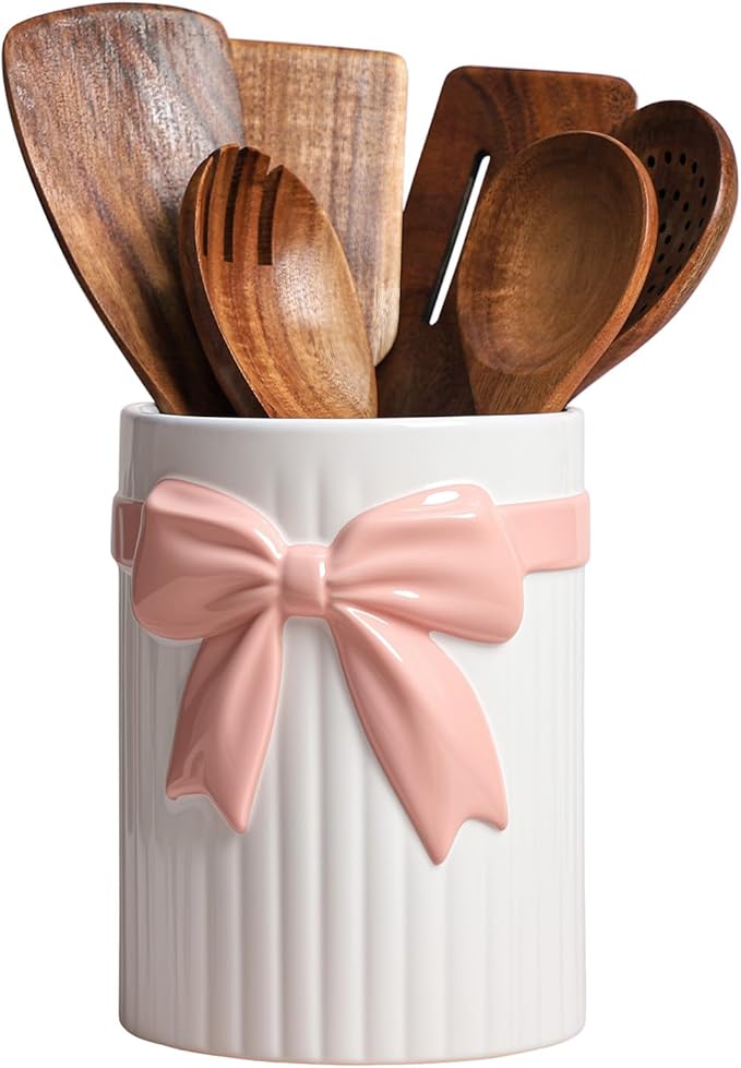 SOCOSY White Ceramic with Pink Bow-knot Kitchen Utensil Holder For Countertop, Large Cooking Utensil Crock Holder Spatula Holder